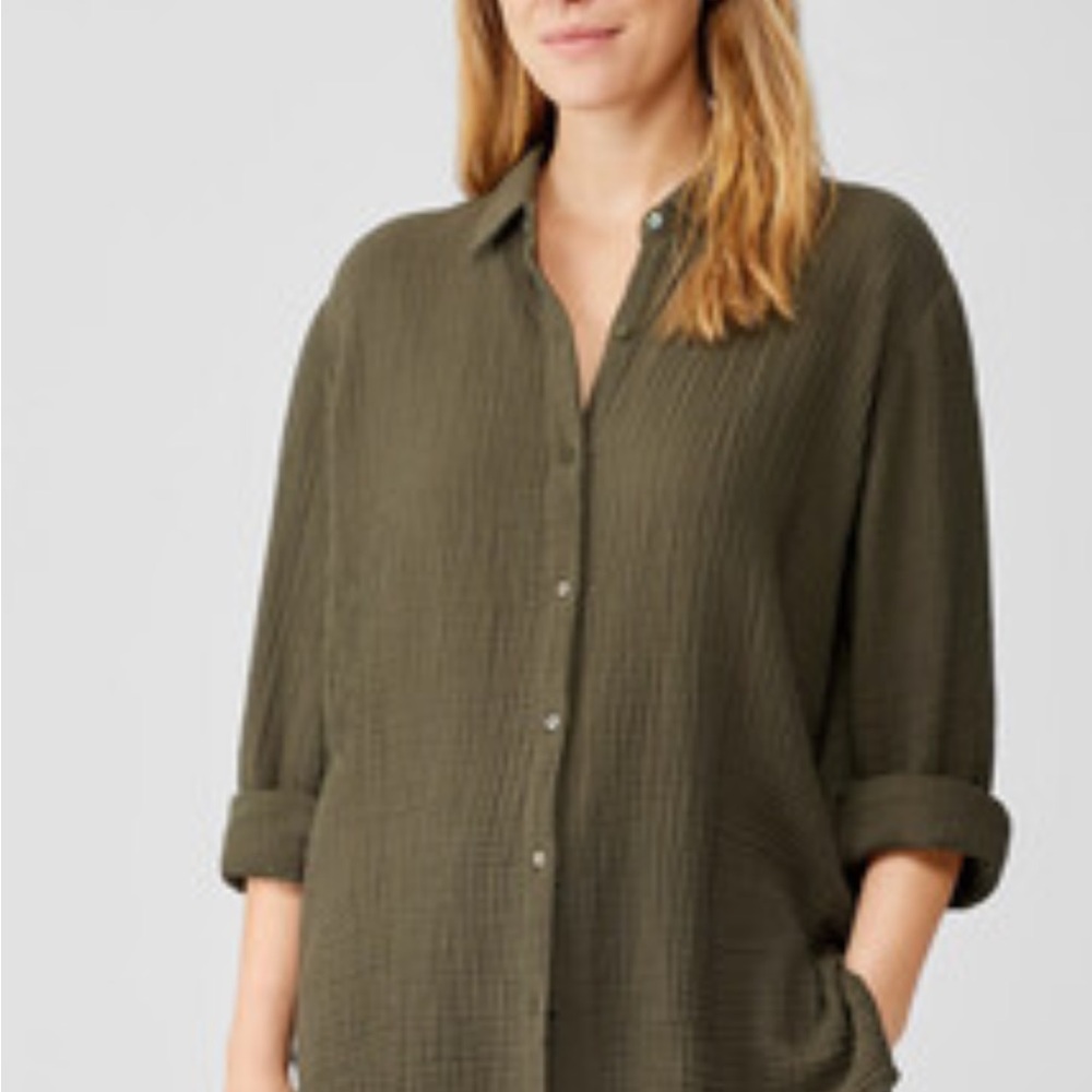 Eileen Fisher Organic Cotton Dark Olive Button-Down Shirt and matching Pants .